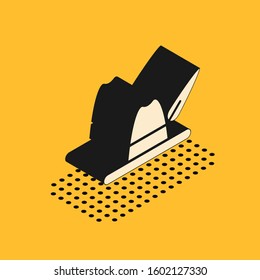 Isometric Oktoberfest hat icon isolated on yellow background. Hunter hat with feather. German hat.  Vector Illustration