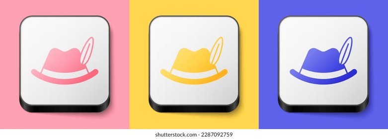 Isometric Oktoberfest hat icon isolated on pink, yellow and blue background. Hunter hat with feather. German hat. Square button. Vector