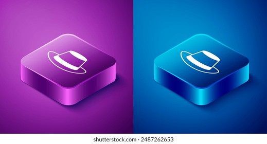 Isometric Oktoberfest hat icon isolated on blue and purple background. Hunter hat with feather. German hat. Square button. Vector