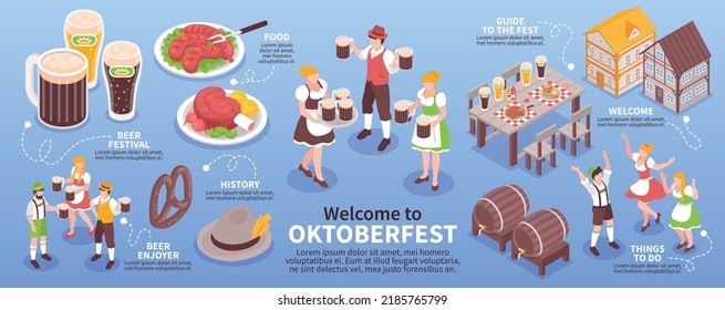 Isometric Oktoberfest infographics with traditional German beer and food vector illustration