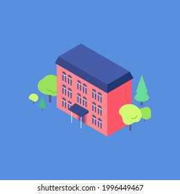 Isometric vieja casa de apartamentos, ilustración plana. Jardín de condo con árboles alrededor