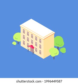 Isometric old apartment house flat illustration. Condo yard with trees around