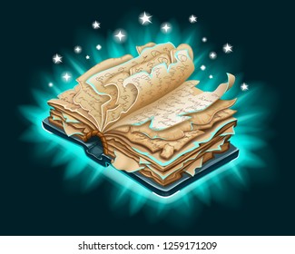 Isometric old book of magic spells and witchcraft with torn pages for computer game. Fairy tale icon in cartoon style. 3d isolated vector illustration.