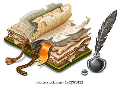 Isometric old book of magic spells and witchcraft with torn pages and inkwell with feather. Icons for computer game in cartoon style. 3d isolated vector illustration.