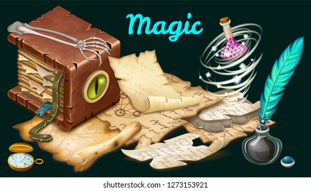 Isometric old book of magic spells and witchcraft decorated snake eye, elixir and inkwell with feather. Banner in cartoon style for computer game. Vector illustration.
