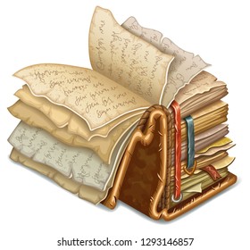 Isometric old book of magic spells and witchcraft with torn pages for computer game. Fairy tale icon in cartoon style. 3d isolated vector illustration.