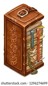 Isometric old book of magic spells and witchcraft with torn pages for computer game in cartoon style. 3d isolated vector illustration.