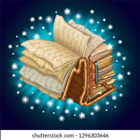 Isometric old book of magic spells and witchcraft with torn pages for computer game in cartoon style. 3d isolated vector illustration.