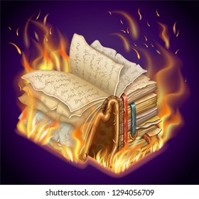 Isometric old burning book of magic spells and witchcraft with torn pages for computer game in cartoon style. 3d isolated vector illustration.