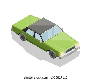 Isometric old car sharing banner. Auto transportation route map, Fast automobile logistic 3d transport, vector isometry city old auto car, infographic classic vehicle. Low poly style car vehicle model