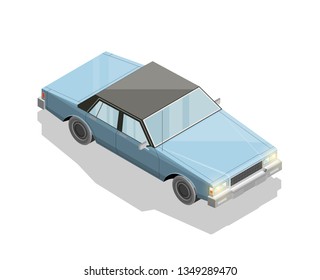 Isometric old car sharing banner. Auto transportation route map, Fast automobile logistic 3d transport, vector isometry city old auto car, infographic classic vehicle. Low poly style car vehicle model