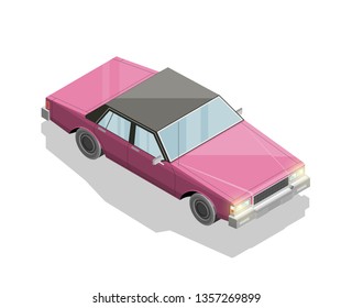 Isometric old car sharing banner. Auto transportation route map, Fast automobile logistic 3d transport, vector isometry city old auto car, infographic classic vehicle. Low poly style car vehicle model
