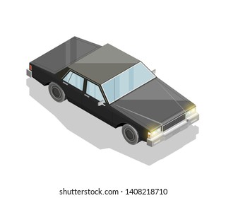 Isometric old car sharing banner. Auto transportation route map, Fast automobile logistic 3d transport, vector isometry city old auto car, infographic classic vehicle. Low poly style car vehicle model