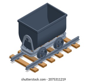 Isometric old coal mine wagon. Mining cart. Old iron lurry minecart tram tool equipment