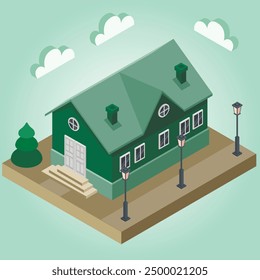 isometric old fashioned green small house