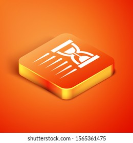 Isometric Old hourglass with flowing sand icon isolated on orange background. Sand clock sign. Business and time management concept.  Vector Illustration