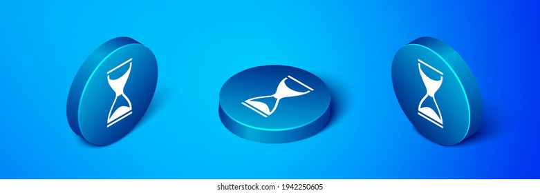 Isometric Old Hourglass With Flowing Sand Icon Isolated On Blue Background. Sand Clock Sign. Business And Time Management Concept. Blue Circle Button. Vector
