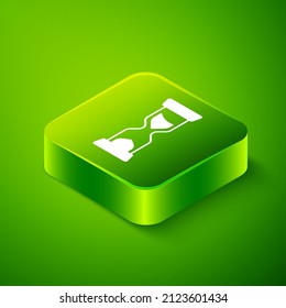Isometric Old Hourglass With Flowing Sand Icon Isolated On Green Background. Sand Clock Sign. Business And Time Management Concept. Green Square Button. Vector