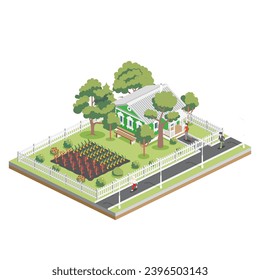 Isometric old house with trees and vegetable garden beds in suburb. Infographic element. Vector illustration. Farm isolated on white background. Ecological natural organic agriculture. Growing plants.