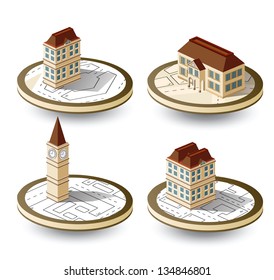 Isometric old houses on a round base