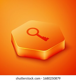 Isometric Old key icon isolated on orange background. Orange hexagon button. Vector Illustration