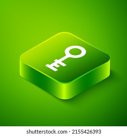 Isometric Old key icon aislado en el fondo verde. Botón cuadrado verde. Vector