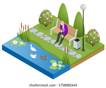 Isometric old man, senior relaxing and walking in the park near the lake. Active and healthy relaxation.