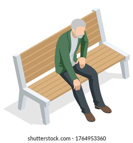 Isometric old man sitting on a bench and resting , front view, Isolated on white background