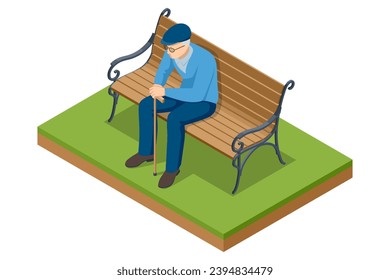 Isometric old man sitting on a bench in the park. Leisure activity, retirement. Grandfather resting in park, fresh air recreation. Old-age pensioner with disabilities.