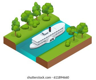 Isometric Old paddle steamer ship on the river. Water transport. Riding on the river. Flat 3d illustration. For infographics and design 