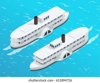 Isometric Old paddle steamer ship on the river. Water transport. Riding on the river. Flat 3d illustration. For infographics and design 