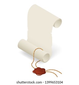 Isometric old paper scroll or parchment scroll isolated on white background. Graduation diploma icon