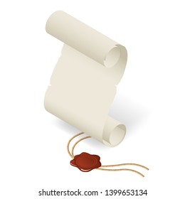 Isometric old paper scroll or parchment scroll isolated on white background. Graduation diploma icon