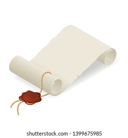 Isometric old paper scroll or parchment scroll isolated on white background. Graduation diploma icon