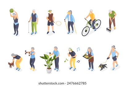 Isometric old people activities. Elderly men women training, play tennis cycling and dancing. Walk with dog and stroking cat, flawless vector characters