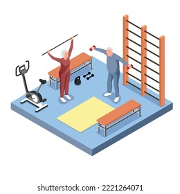 Isometric old people activity isolated concept with two elderly people are carefully engaged in sports vector illustration