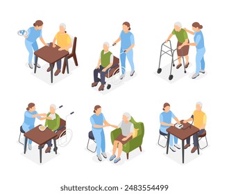 Isometric old people medical support. Elderly person and nurse, care in hospital or nursing home. Medicine and volunteering flawless vector scenes