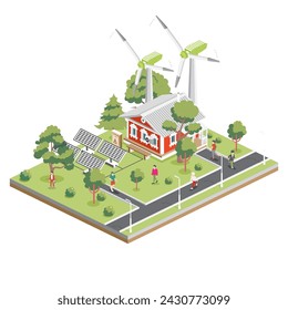 Isometric old red house with solar panels and wind turbines in suburb. Eco friendly house. Infographic element. Vector illustration. City architecture isolated on white. Ecologically clean city.