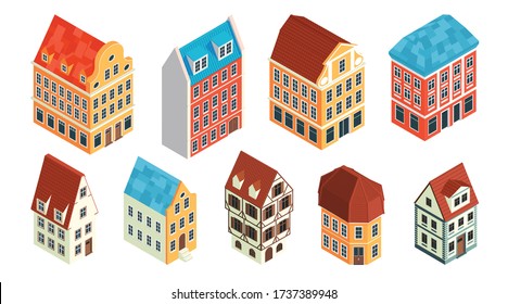 Isometric old town set with colourful isolated images of vintage medieval style houses on blank background vector illustration