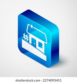 Isometric Old Ukrainian house hut icon isolated on grey background. Traditional village house. Blue square button. Vector