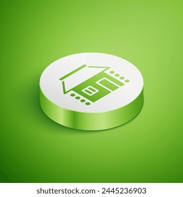 Isometric Old Ukrainian house hut icon isolated on green background. Traditional village house. White circle button. Vector