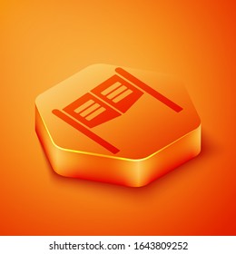 Isometric Old western swinging saloon door icon isolated on orange background. Orange hexagon button. Vector Illustration