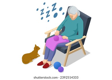 Isometric old woman knits. Granny knitting in her armchair next to a cat playing with a ball of yarn. Hobbies, needlework, handicraft, leisure, relaxation.