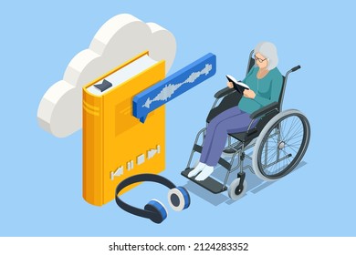 Isometric old woman, pensioner in headphones listening to audiobook. Modern interface for e-books. UI, UX and GUI Screens. Grandmother enjoying literature, learning, listening to books online