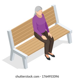 Isometric old woman sitting on a bench and resting , front view, Isolated on white background