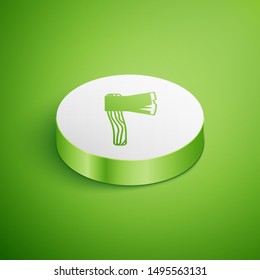 Isometric Old wooden axe icon isolated on green background. Lumberjack axe. White circle button. Vector Illustration