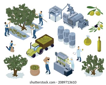 Isometric olive oil production set of isolated tree icons with olives factory tanks and human workers vector illustration