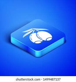 Isometric Olives branch icon isolated on blue background. Blue square button. Vector Illustration