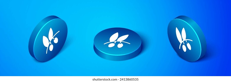 Isometric Olives branch icon isolated on blue background. Blue circle button. Vector