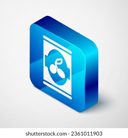 Isometric Olives in can icon isolated on grey background. Concept of canned food. Blue square button. Vector